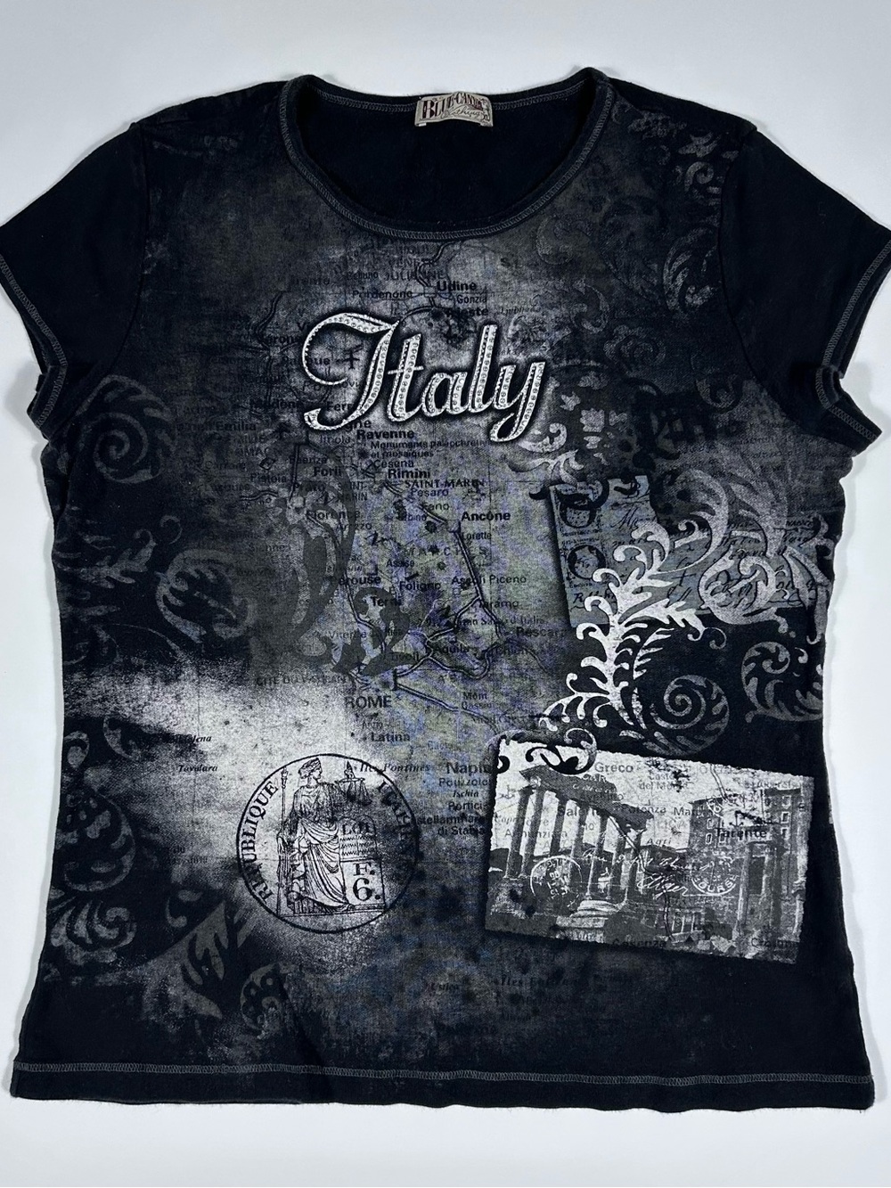 Blue Canyon Women's XL Graphic Top Black Floral Script Vintage Y2K Grunge Tee
